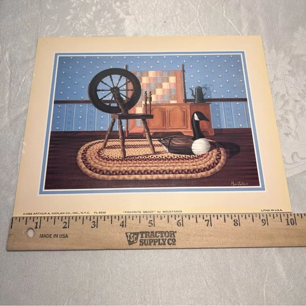 Vintage Moustakos Lithograph Favorite Decoy Framed Spinning Wheel Goose Folk Art